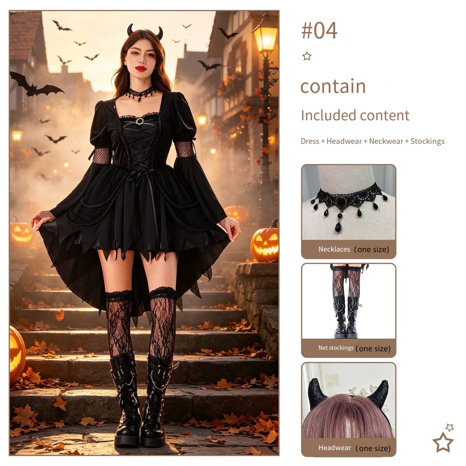 Gothic Witch Halloween Costume Dress Lace Up Puff Sleeves Devil Cosplay Outfit